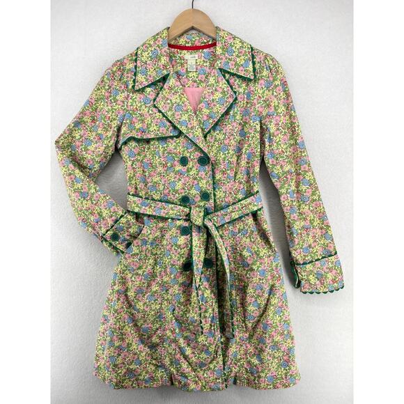 ODILLE Coat 6 ANTHROPOLOGIE Trench Rain Floral Double Breasted Belted Green - Picture 1 of 16